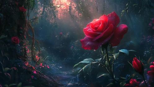 Luminous dewdrop rose dominates an enchanted twilight forest