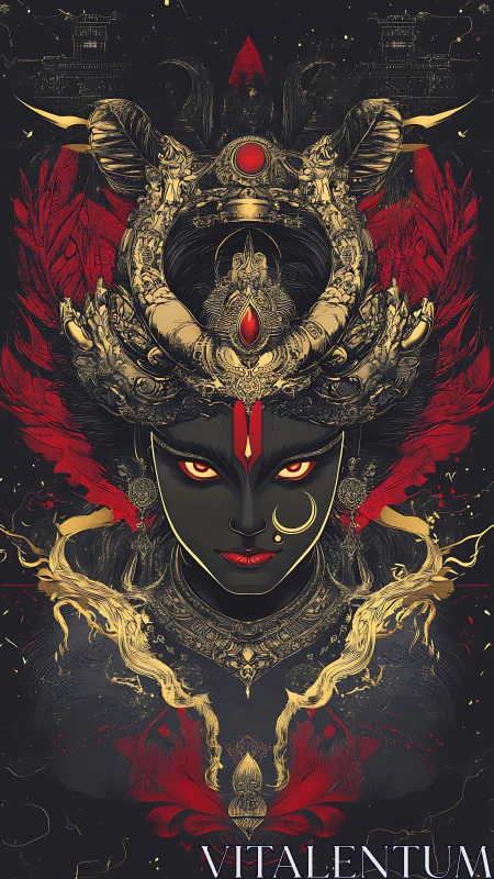 Divine female figure with ornate headdress dominates frame