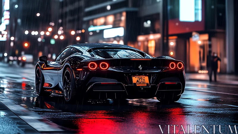 Wet asphalt reflections accentuate supercar aerodynamics at night