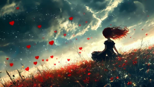 Woman in Field of Red Hearts Against Golden Sky.