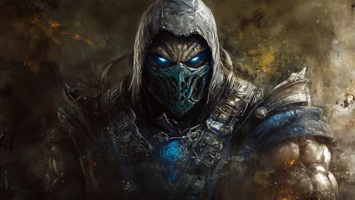 Armored hooded warrior with glowing blue eyes and mask