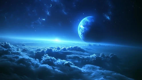 Midnight planetrise above cloud oceans in neon blue hush.