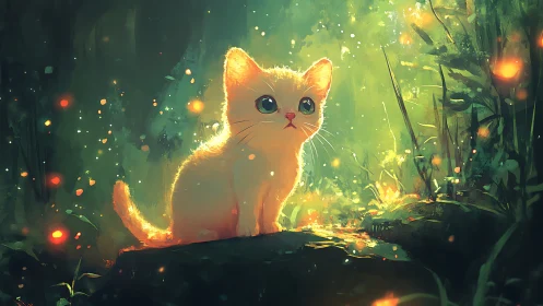 Glowing Cat in Mystical Forest Surrounded by Light Particles.