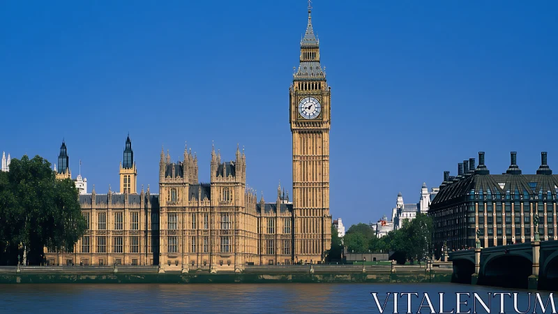 Clock tower and parliamentary complex beside urban river.