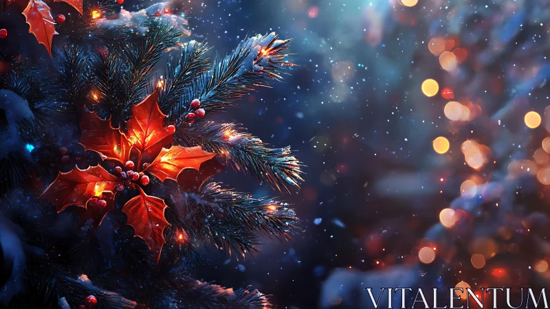 Illuminated holly leaves on winter evergreen branch at night.