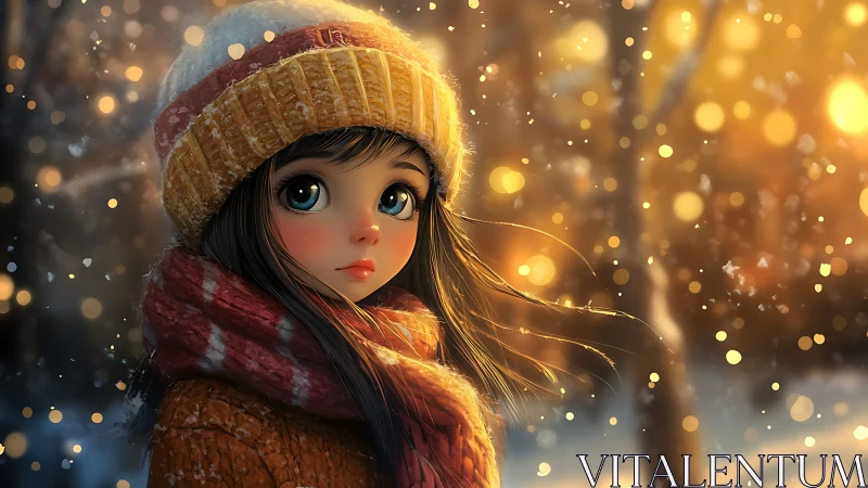 Snowlit daydreamer wrapped in ember-gold winter hush.