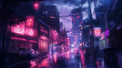 Cyberpunk neon alleyway in rain-soaked nocturnal streetscape.