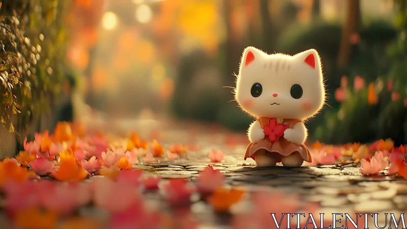 Adorable White Cat Sits Among Blooming Autumn Flowers.