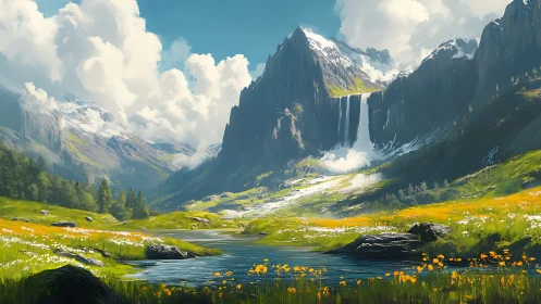 Sunlit alpine valley and waterfall under towering peaks.