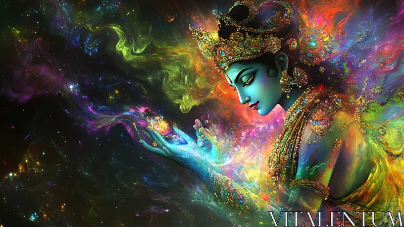 Celestial goddess cradles swirling galaxies in radiant color