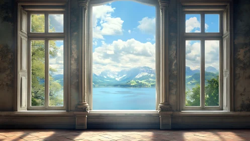 Grand lakeside window frames serene mountains and sky.