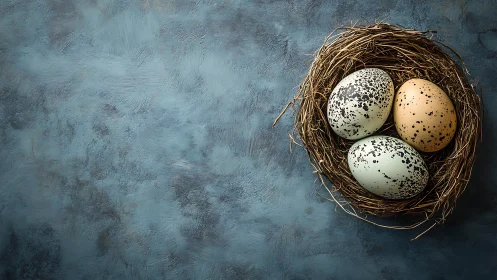 Speckled bird eggs in twig nest on textured blue surface.