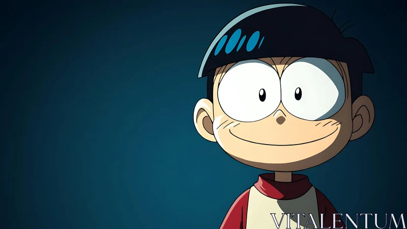 Wide eyed cartoon kid beams in spotlight of midnight blue.