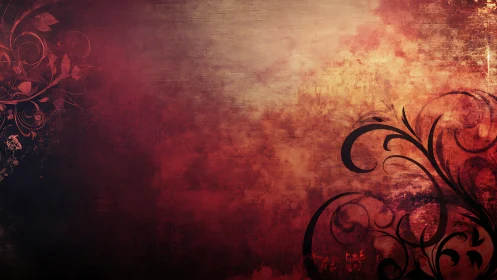 Swirling ink vines drift across a sunset-stained canvas