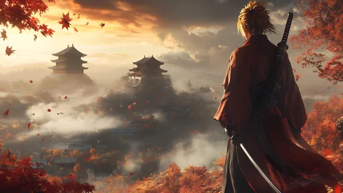 Katana wielder overlooking misty autumnal Japanese valley