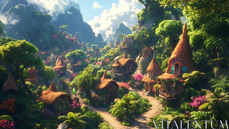 Whimsical village with thatched homes in lush green valley.