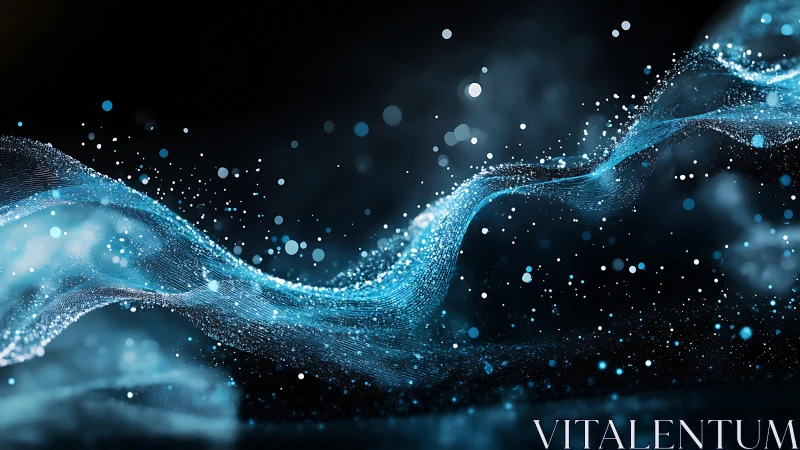 Abstract flowing wave of blue particles in digital art style.