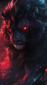 Infernal lion portrait with neon red embers and obsidian mane.