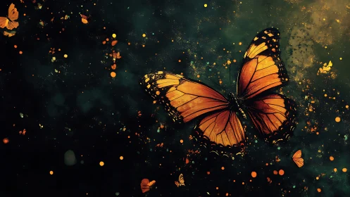 Monarch butterfly rendered with high-contrast bokeh and particle dispersion