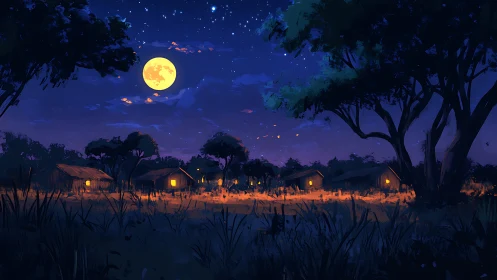 Moonlit rural village glows under deep cobalt night sky.