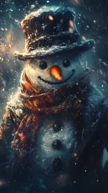 Cinematic snowman portrait in drifting winter snowfall
