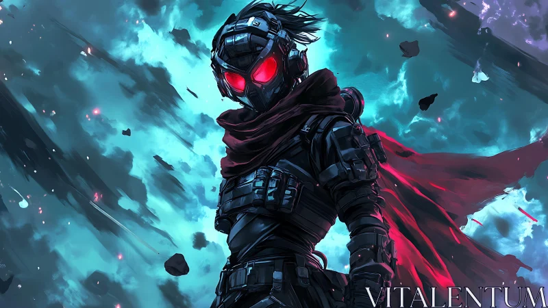 Aerodynamic rogue operative in crimson-scarfed exosuit stance.