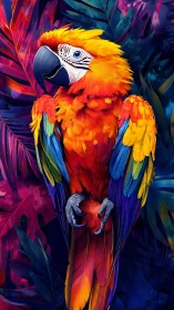 Chromatic macaw portrait within neon-saturated foliage field.