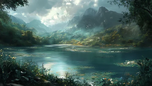 Mountain lake valley under misty sunrise light. Period