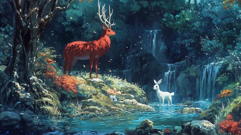 Enchanted red stag and white fawn beside forest waterfalls.