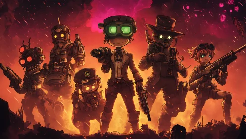 Goggle-eyed wasteland squad posed in burning battlefield glow.