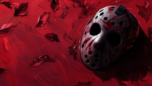 Hockey mask amid crimson leaves in glossy bloodfield.