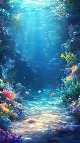 Sunlit coral canyon where tiny reef wanderers drift by.