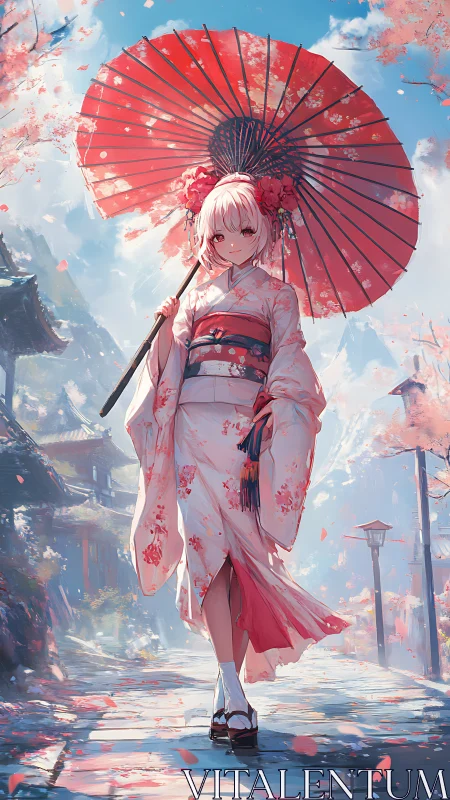 Cherry blossom parasol stroll under sky-splashed springlight.