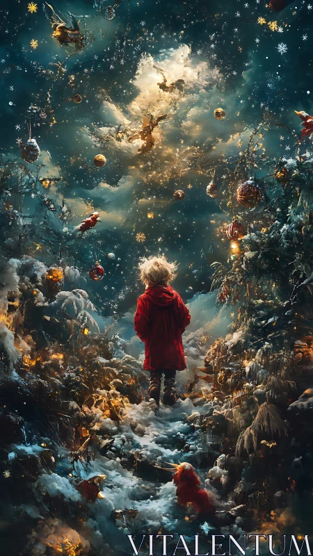 Child in red coat wandering through enchanted winter night.
