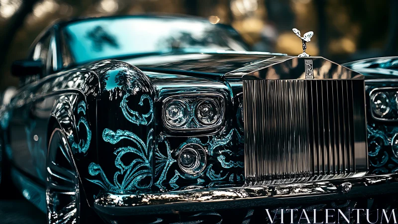 Custom Rolls-Royce front fascia shows engraved teal floral overlays