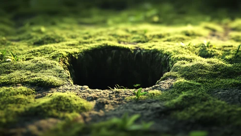 Square moss-covered forest ground opening shows deep cavity