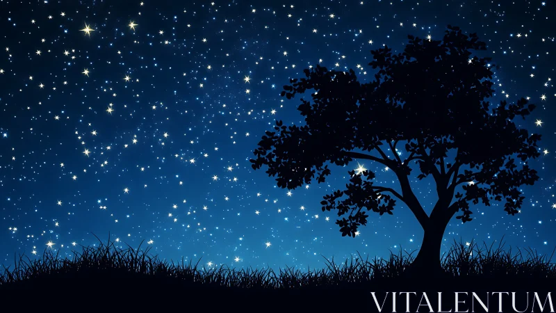Silhouetted tree under dense starlit sky in deep blue gradient.