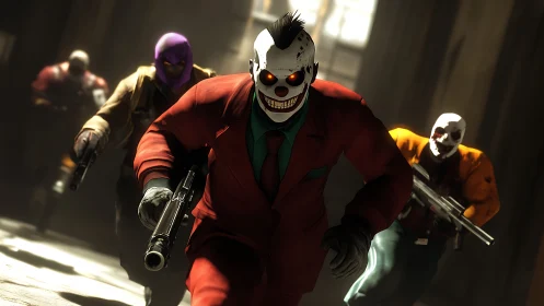 Masked gunmen sprint through corridor in dramatic 3D render.