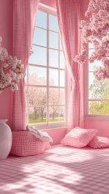Soft pink window nook wrapped in gentle spring daylight.