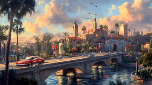 Bridge spans river before hillside city with car and towers