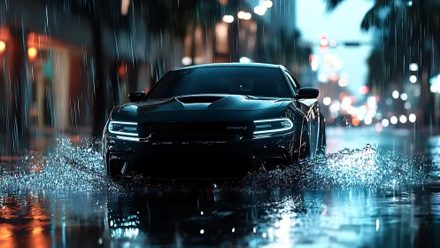 Midnight muscle car slashes neon rain on city streets.