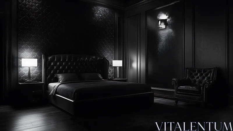 Midnight noir bedroom wrapped in velvet shadows and light.