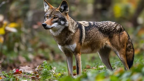 Wild coyote standing alert in soft autumn forest light.