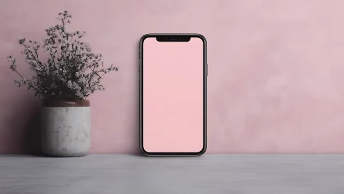 Minimalist Smartphone Mockup with Notch Display Adjacent to Potted Botanical