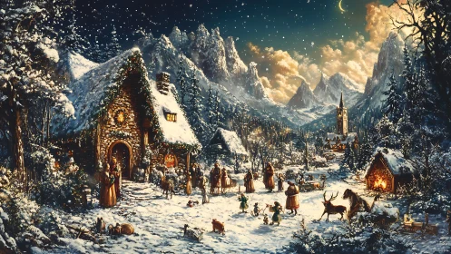 Snow-covered alpine village square with festive night gathering