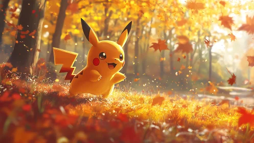 Pikachu traversing sunlit autumn forest with dynamic leaffield.