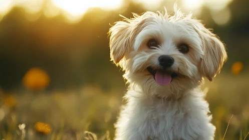 Small fluffy dog in warm sunset field portrait.
