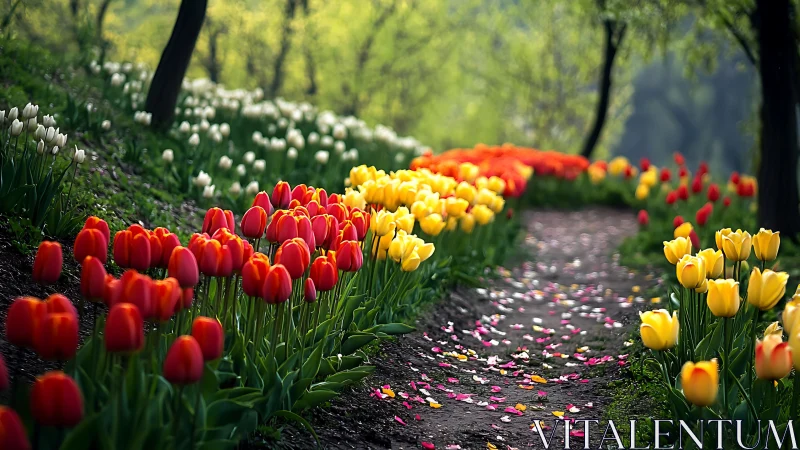 Spring tulip garden with layered color rows and natural background