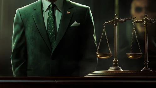 Elegant lawyer stands by golden scales in moody courtroom light