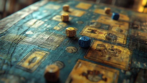 Colorful dice rest on a worn fantasy board game map